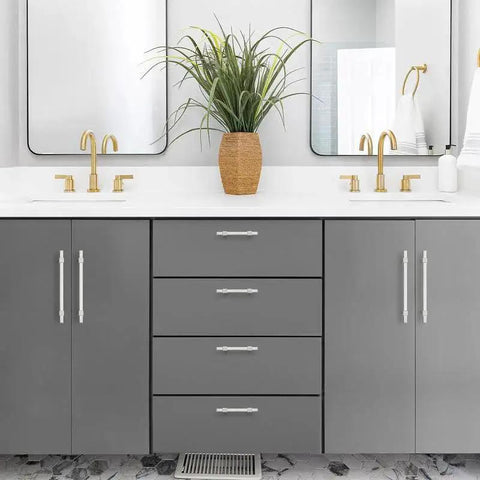 Modern bathroom with Brushed Nickel Cabinet Handles 25 Pack For Cabinets And Drawers 6-1/4 Inch Center To Center Stainless Steel Cabinet Pulls.