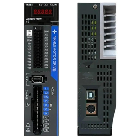 Front and rear views of Glintique 2-in-1 servo drive PLC module with 12DI 8DO for AC 220V, 750W