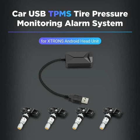 XTRONS USB TPMS tire pressure monitoring system front view with USB dongle and four tire sensors