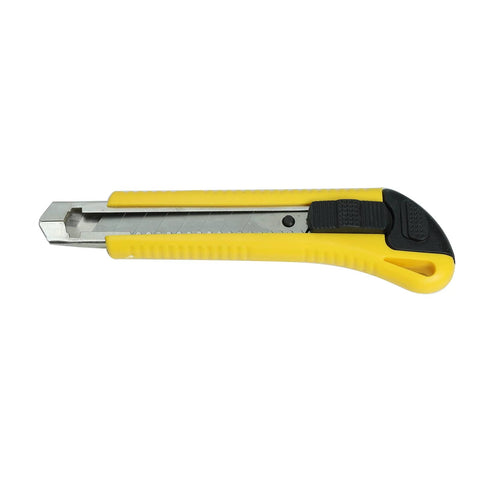 Yellow retractable utility knife with black grip and metal blade.