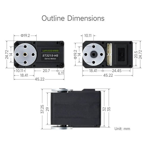 Outline dimensions of 20 Kg-Cm Bus Servo Motor With 360 Degree High Precision Magnetic Encoder, showing front and side views
