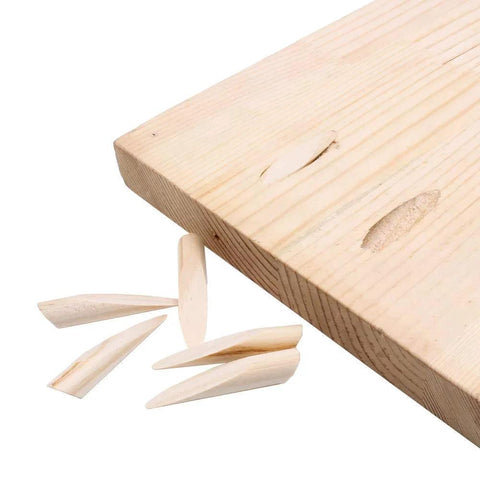 100 Pack Solid PinePocket Hole Plugs For Pocket Hole Jig And Woodworking Projects, plugs displayed beside wood board