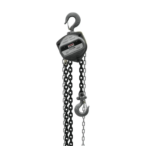 1.5 Ton Hand Chain Hoist With 30 Ft Lift And 360 Degree Rotating Hooks, close-up view, metal chains and hooks visible.