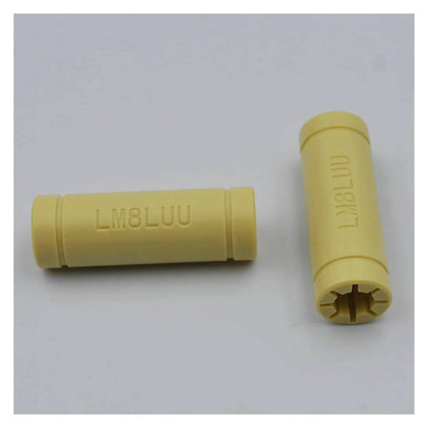 Solid Polymer LM8LUU Linear Bearing Bushing 8x15x45 Mm For 8 Mm Shafts, close-up view of plastic bearings, 2 pack
