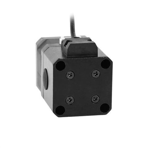 Front view of a 12V NEMA17 stepper motor with permanent magnet brake; black front plate with four screws and an attached cable.
