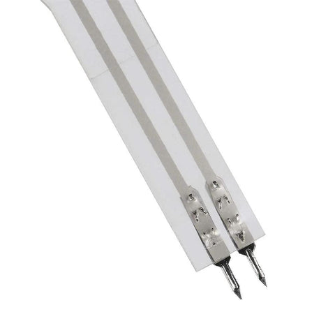 Two white thin-film force sensitive resistor strips with metal contact pads and dual pins