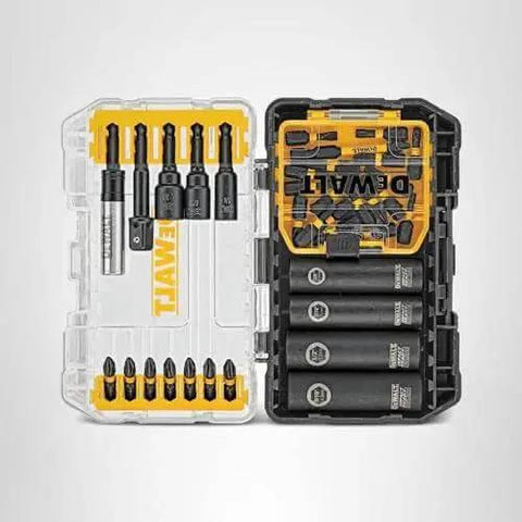 Impact Driver Bit Set With FlexTorq For Quick Bit Changes, 35 Piece Screwdriver Bit Kit With Clear Lid And Bit Bar Storage System, Clip Latch For Secure Closure, Worksite Ready By DeWalt displayed in open case.