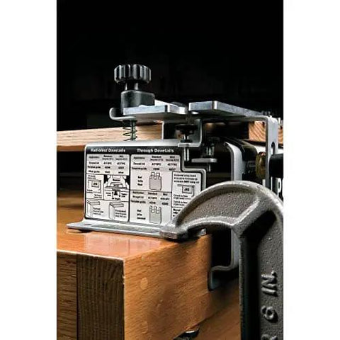 Dovetail Jig Kit For Woodworking With Mini Templates 4211 4213 And 4215 installed on wooden workspace showing alignment lines.