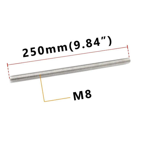 M8 1.25mm 304 Stainless Steel Fully Threaded Rod 250mm Right Hand Pack of 2 with measurement annotations