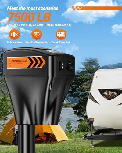 Electric Trailer Tongue Jack 7500LB 12V DC With LED Light For A Frame RV next to camper on grassy landscape
