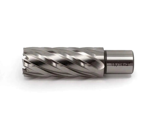 Heavy Duty Fifteen Sixteenth Inch Annular Cutter For Magnetic Drill Press With Two Inch Cutting Depth And Three Quarter Inch Weldon Shank With Two Flat Pilot Pin OSCARBIDE Built Tough High Performance Bit For Fast Large Hole Drilling shown