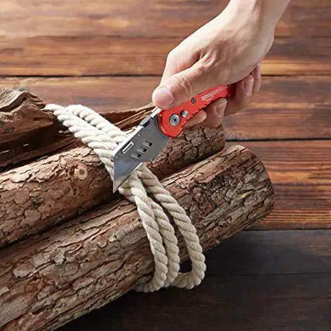 Folding Utility Knife With Back Lock Lightweight Aluminum Handle Red Box Cutter cutting rope on wooden logs