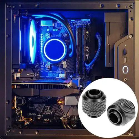 Six Pack Copper Compression Fittings for Water Cooling Systems in Gaming PC, brass with black chrome