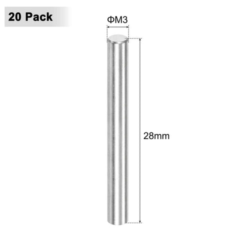 20 Pack 3 x 28 mm Dowel Pins, 316 Stainless Steel Shelf Support Pins For Metal Machinery And Wood Projects, Cylindrical Fasteners For Hinges, Shaft Fixing And Fixtures, Heavy Duty Corrosion Resistant Silver Tone, side view showing dimensions and silver tone finish.