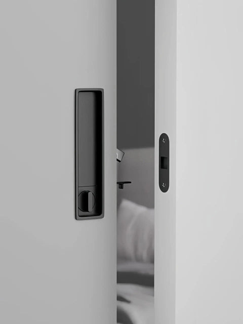 Concealed Edge Pull Pocket Door Lock With Privacy Function For Recessed Sliding Doors Fits Doors With Thickness From One And A Half To Nearly Two Inches Matte Black Rectangle Mortise Lock And Hidden Pull Handle For Seamless Operation.