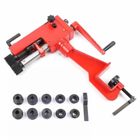 Red 7 Inch Sheet Metal Bender with 6 die sets, 22 gauge capacity, rotary roller, swaging tool, easy table mount for steel fabrication
