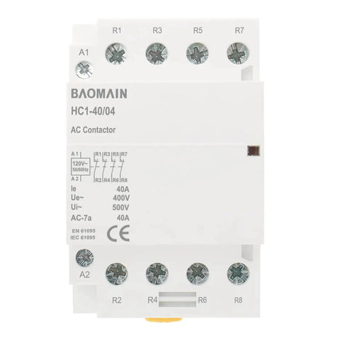 Front view of 4 Pole Modular Contactor 120V AC 40A Heavy-Duty With 4NC, DIN Rail Mount for HVAC Systems and Lighting Control