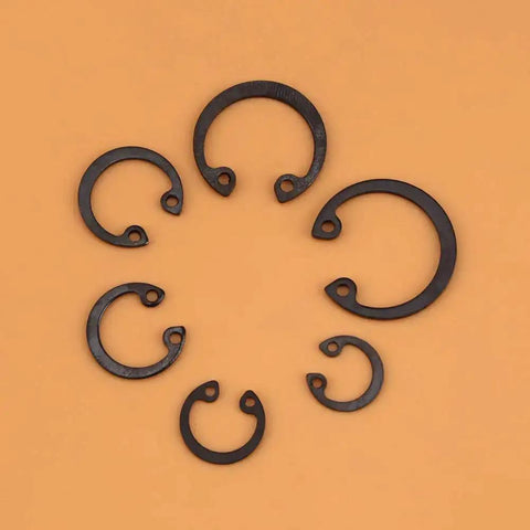 Six Size C Clips Snap Ring Assortment Kit 11mm To 21mm displayed in a circle on orange background