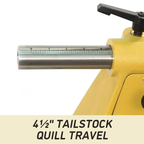 Close-up of Heavy Duty Pro Grade Wood Lathe Powermatic 20 By 20 Inch Variable Speed With Reversible Turning tailstock quill travel.