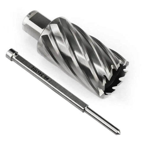 One And Three Eighths Inch Annular Cutter For Magnetic Drill Press With Two Inch Cutting Depth And Weldon Shank With Two Flats And Pilot Pin For Fast Large Hole Cutting Heavy Duty Mag Drill Bit Oscarbide, showing shank and pilot pin.