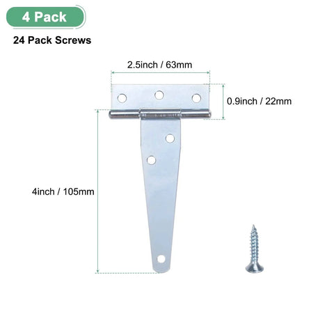 Iron T Strap Shed Door Hinges 4 Pack 4 Inch Barn Door Gate Hinges Tee Hinge Wrought Iron Hardware With Screws measurement diagram