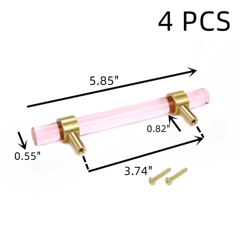 Crystal Cabinet Pulls 4 Pack Pink Drawer Pulls With Crystal Glass And Gold Brass Base, dimensions marked, screws shown