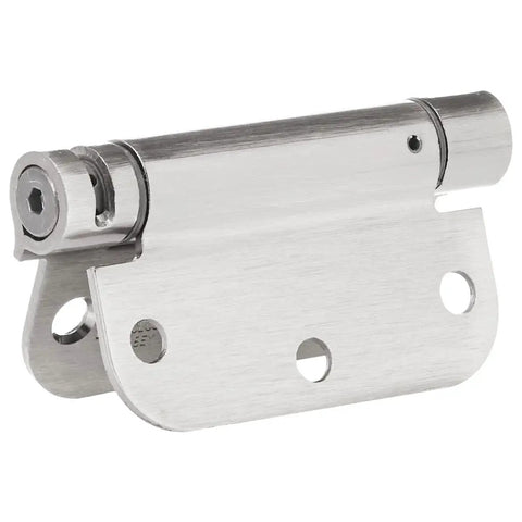 Self-Closing Door Hinge For Standard Doors Satin Nickel Finish Three And A Half Inch By Three And A Half Inch Five Eighths Inch Radius One Piece Steel Construction Hardware Included