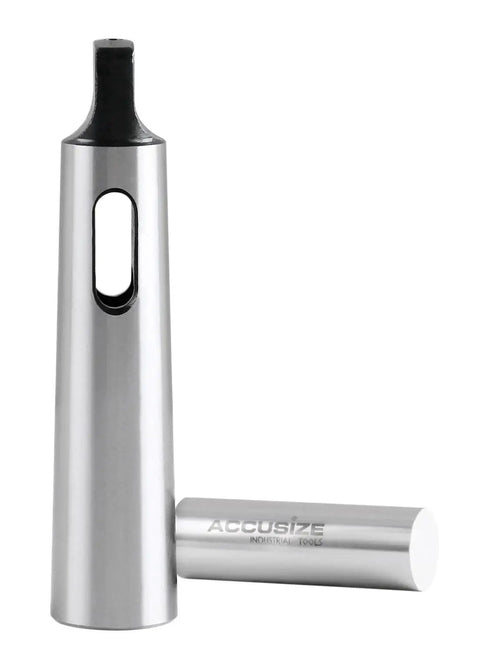 Accusize MT2 to MT3 DIN2185 Morse taper sleeve adaptor, hardened and ground, silver metal, two-piece set