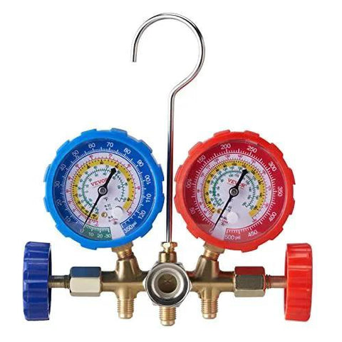 Three Way Car AC Manifold Gauge Set For R134A R22 R12 R502 With dual dial gauges and metal hook for refrigerant management