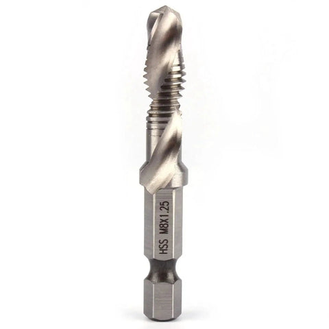 All In One HSS Drill Tap Bit M8 X 1.25 Self Centering Chamfering Tool for Soft Metals, visible front view