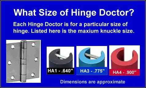 HA1 Hinge Repair Tool Six Pack For Quick Fix Of 4.5 By 4.5 Non Ball Bearing Door Hinges Made In USA with size options shown for hinge fitting