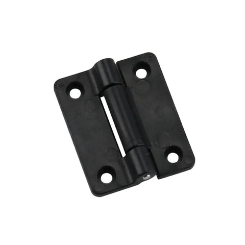 Front view of black plastic damping cabinet hinge with small-torque action; 1 piece.