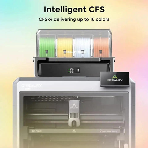 K2 Plus Combo 3D Printer With CFS Multi Color Printing Up To 16 Colors display showing Intelligent CFS system.