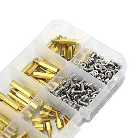 280 Piece M2.5 Brass Straight Knurl Standoff Spacer Set With Stainless Steel Screws And Nuts Assorted Kit shown in plastic organizer box