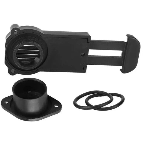 Boat drain valve with flange and O-rings, black PVC plastic, front view