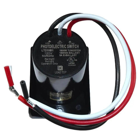 Close-up of Dusk To Dawn Sensor For Outdoor Lights 120V Photoelectric Switch Auto On Off Weatherproof UL Listed with exposed wires