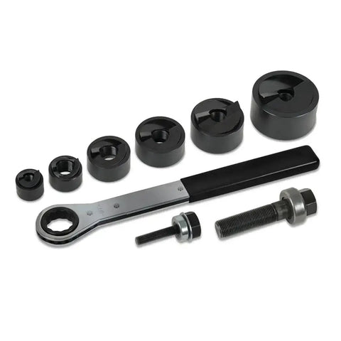 Knockout Punch Set With Wrench For Electrical Conduit One Half Inch To Two Inch Sizes Includes Punches Dies Draw Studs and Wrench