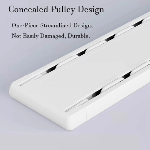 Concealed pulley design of curtain track, showing streamlined and durable construction for whisper quiet curtain movement.