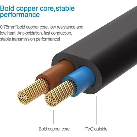 Close-up of two copper-core speaker wires with brown and blue insulation inside a black outer jacket