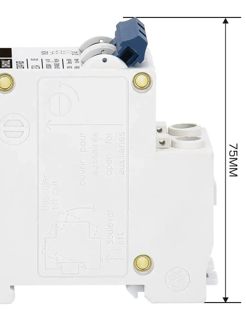 Side view of AC Miniature Circuit Breaker 2 Pole 20 Amp 110V Low Voltage Disconnect Switch for DIN Rail Mount with 75mm height.