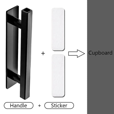 10 Pack Self Stick Black ABS Plastic Cabinet Drawer Handles For Kitchen shown with adhesive strips for installation.