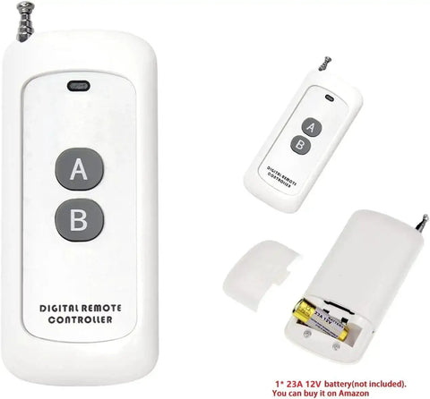 Wireless Relay Switch Kit With 433MHz Remote showing front and back views, with battery compartment open, compatible with DC 3.6V-24V systems.