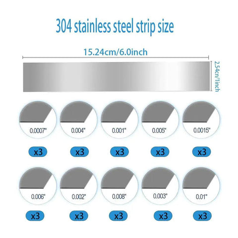 30 Piece 304 Stainless Shim Stock Set 1 Inch By 6 Inch With 10 Thicknesses showing labeled sizes and dimensions