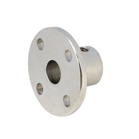 Flange shaft coupling, silver metal, 6mm bore, four mounting holes for motor shaft