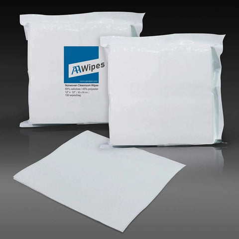 Cleanroom Wipes 12x12 Nonwoven 55 Percent 45 Percent Cellulose Polyester Bag 150, showing packaging and a single wipe.