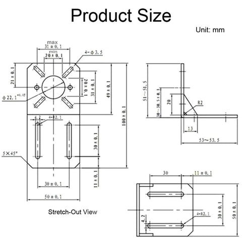 Technical drawing of Universal L Type Motor Mount Bracket Two Pack for 750 755 775 795 850 895 DC Motors and 28 35 42 Stepper Motors