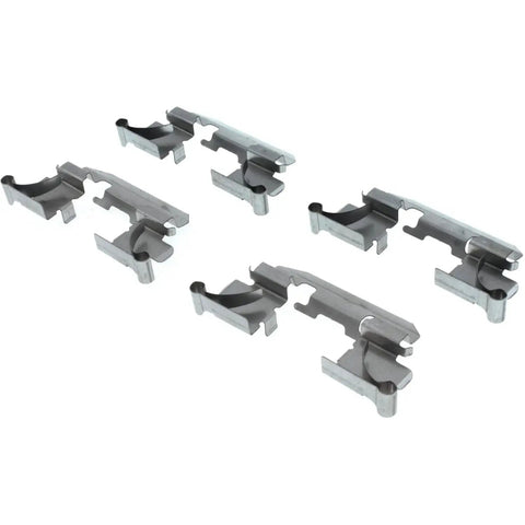 Five gray metal brake pad retaining clips for front disc brakes.