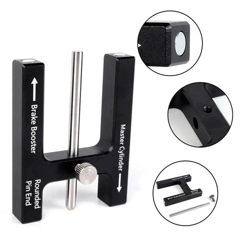 BARTOO brake booster/push-rod adjustment tool, black aluminum U-shaped with silver guide rod and knurled knob.