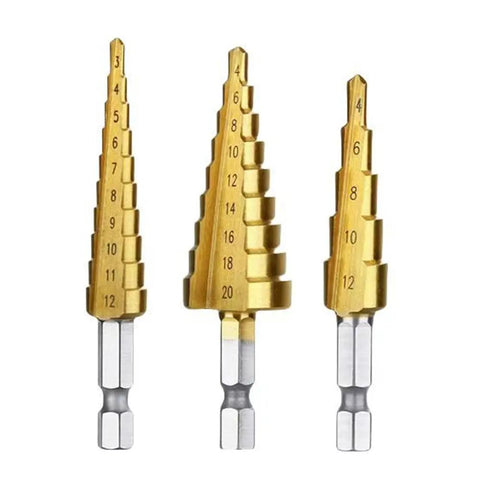 3 Piece Pagoda HSS Titanium Plated Step Drill Bit Set For Metal And Wood Aluminum Stainless Steel Plastic Reaming Cone Bits With Six Point Three Five Millimeter Hex Shank Dope Heavy Duty Tool Kit With Storage Case