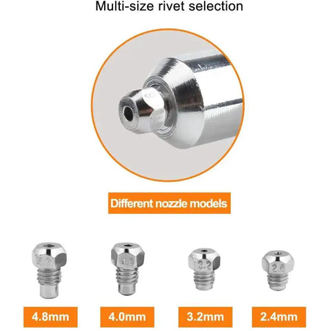 Rivet Gun Adapter Kit With Handle Grip Riveter Drill Attachment For Cordless Electric Drills showing multi-size rivet nozzles